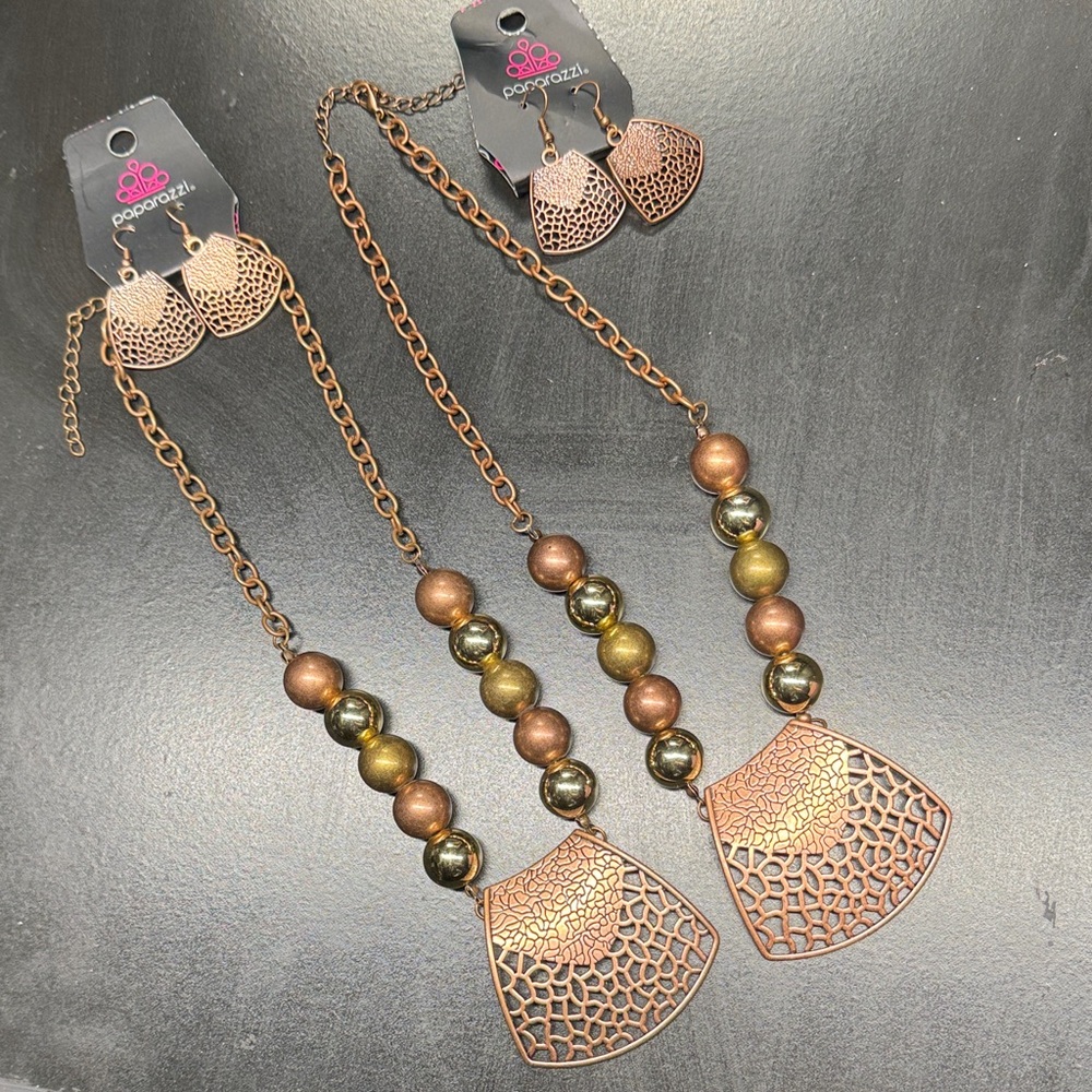 Paparazzi Copper and Gold Necklace Set Lot of 2 Statement Jewelry Sets Beaded